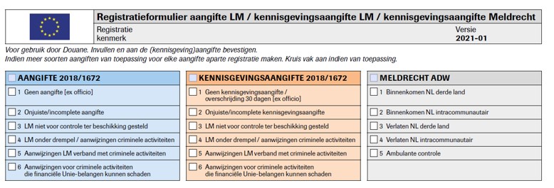 De vraagbaak LM vult het registratiekenmerk in van de aangifte / kennisgeving waar het registratieformulier op ziet.
Het registratieformulier kent drie kolommen:
aangifteplicht LM
kennisgevingsverplichting LM
kennisgevingsverplichting MR

Deze kolommen zijn onderverdeeld in opties die hieronder per onderdeel worden besproken.